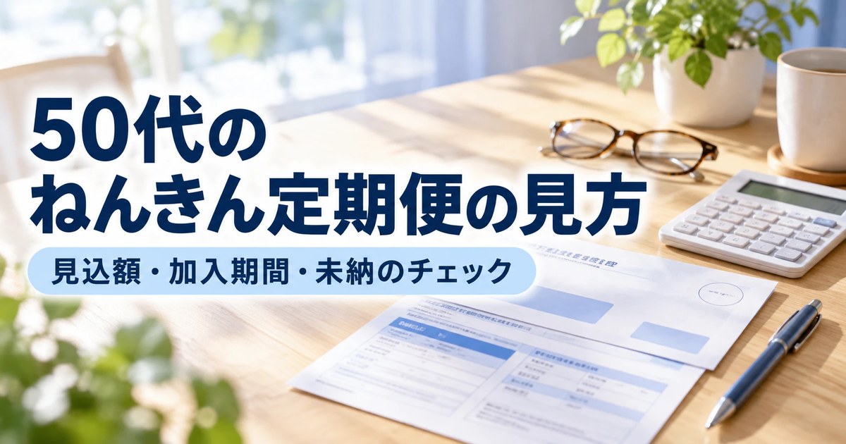 ねんきん定期便のハガキと眼鏡、電卓が置かれた机のイメージ