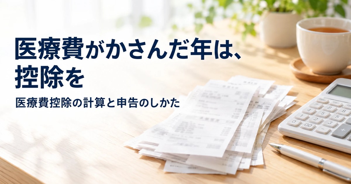 領収書と電卓、お茶が置かれた机のイメージ